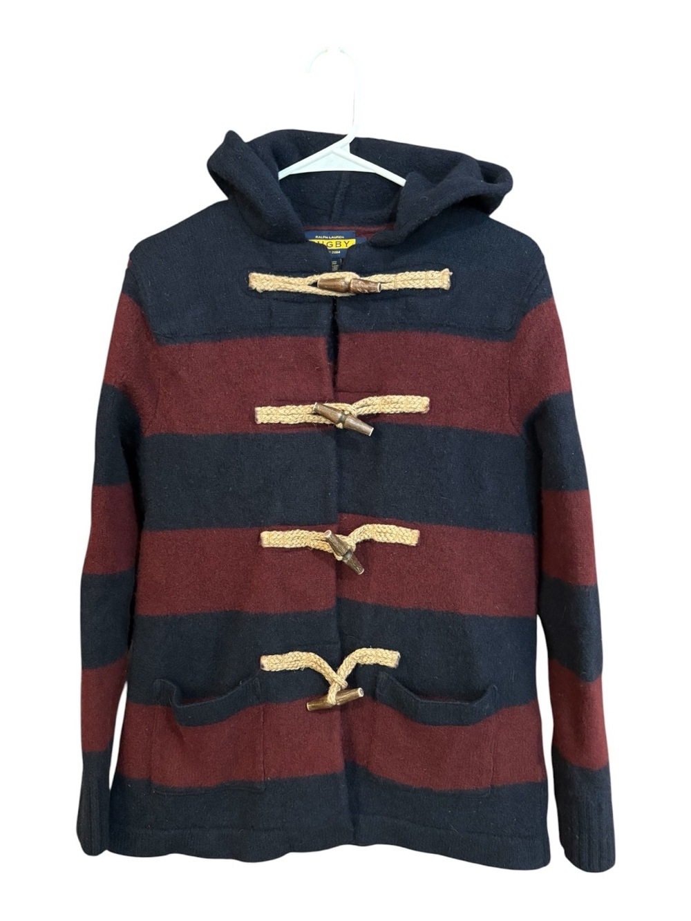 Ralph Lauren Vintage Rugby Line Striped Hooded Toggle Cardigan - Navy & Burgundy